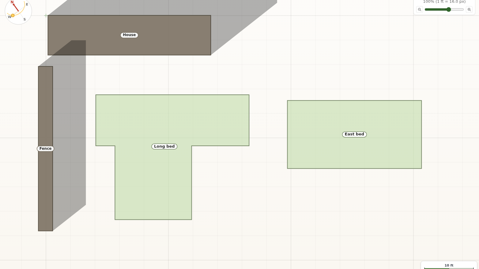 The GardenCAD canvas with a house and a boundary fence drawn as structures casting afternoon shadows, and an L-shaped bed made by merging two overlapping rectangles.