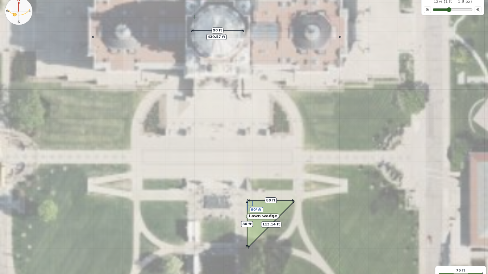 An aerial photograph of the Minnesota State Capitol mall behind the GardenCAD canvas, scaled by declaring the dome 90 ft across, with a triangular lawn wedge traced on the mall below the Capitol steps - two 80 ft legs meeting at a corner ba