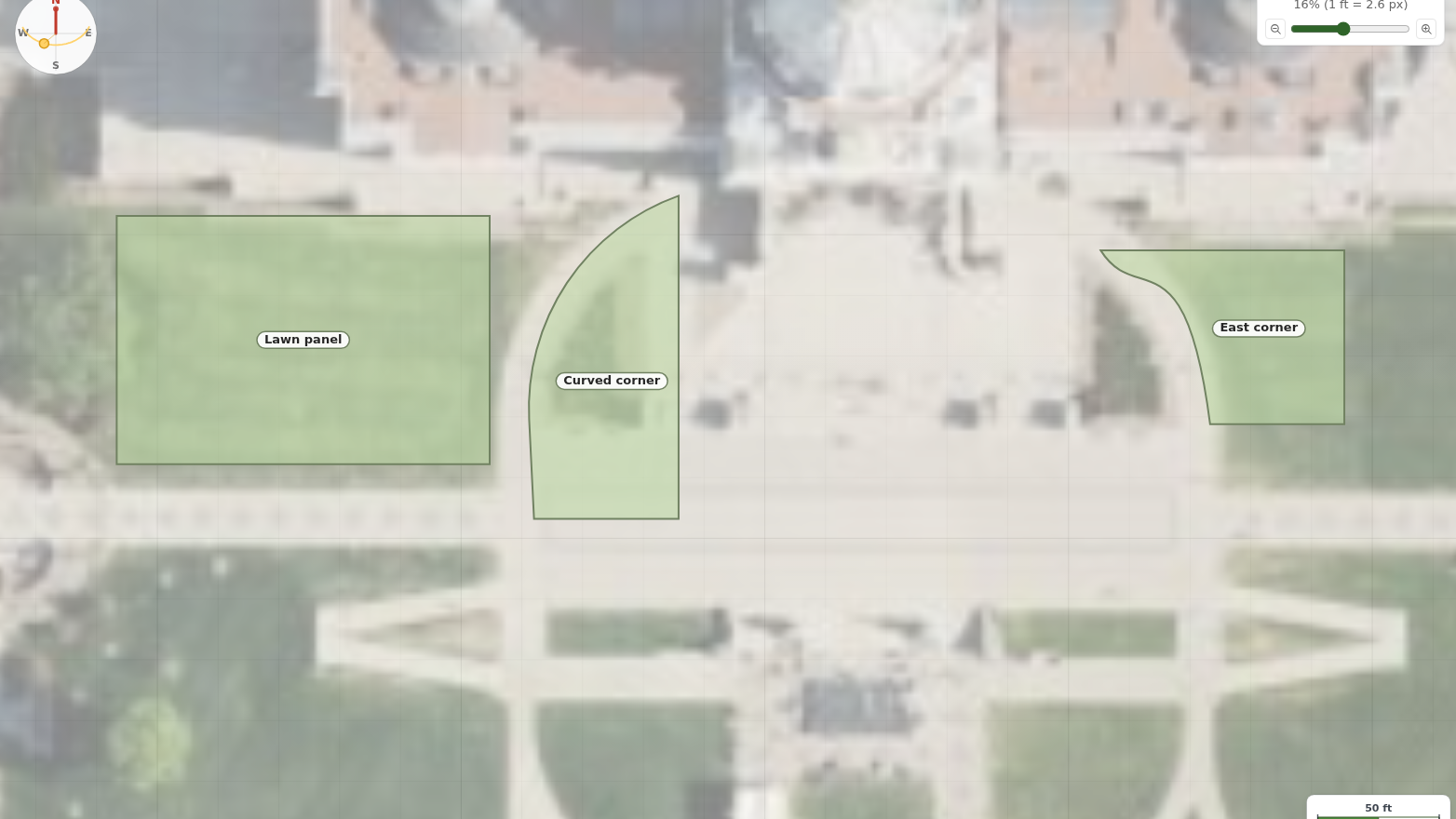 Three beds traced over an aerial photograph of the Minnesota State Capitol mall, side by side: a rectangular lawn panel with four straight edges, a wedge on the west walk whose curved side is a circular arc, and its mirror on the east walk 