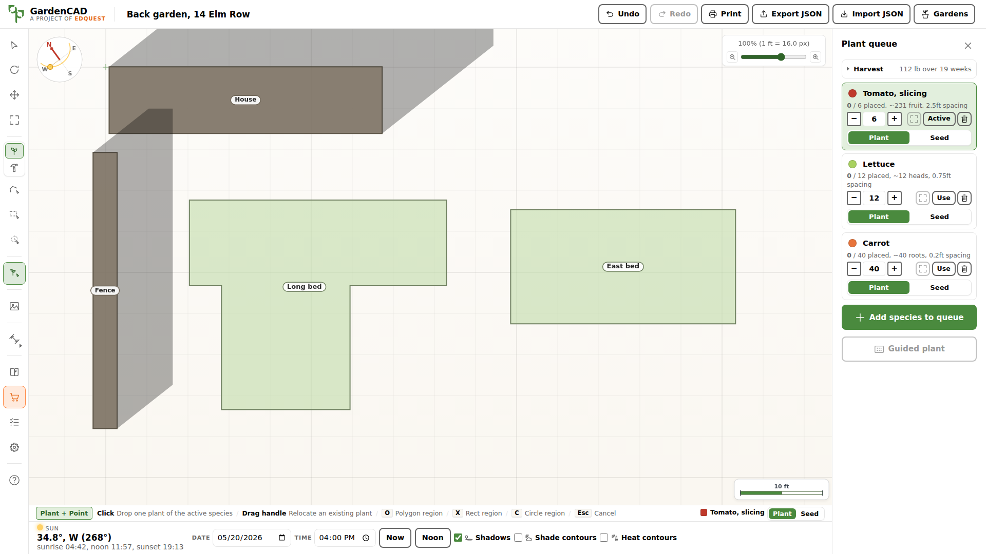 The GardenCAD plant queue panel listing queued species with quantities, each row showing how many have been placed against how many were planned.