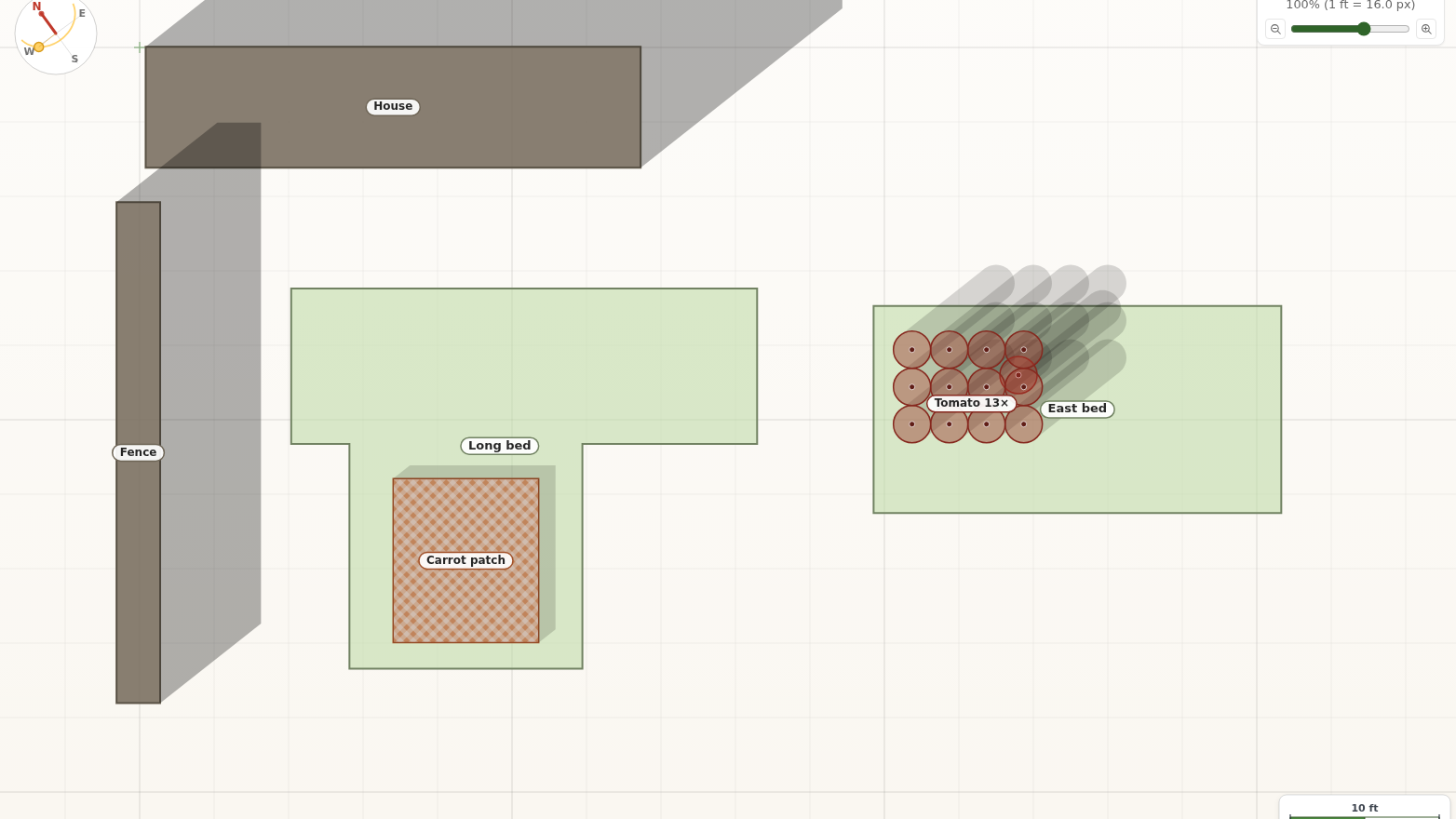 The GardenCAD canvas with one bed filled with individually spaced plants and another sown as a single striped patch, showing the Individual and Patch settings side by side.