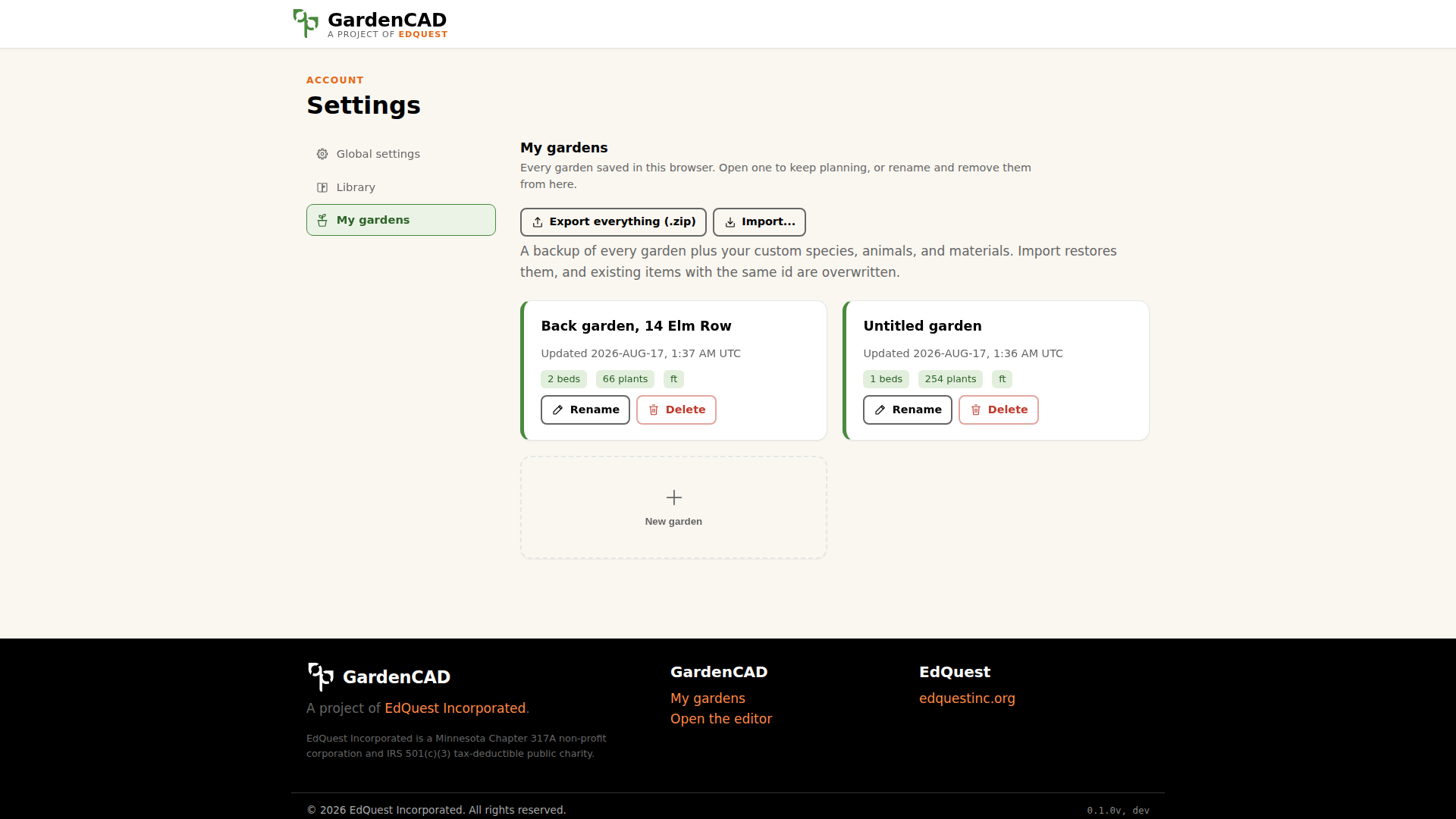 The GardenCAD gardens list showing saved gardens as cards, which live in the browser by default and sync across devices once an EdQuest account is signed in.