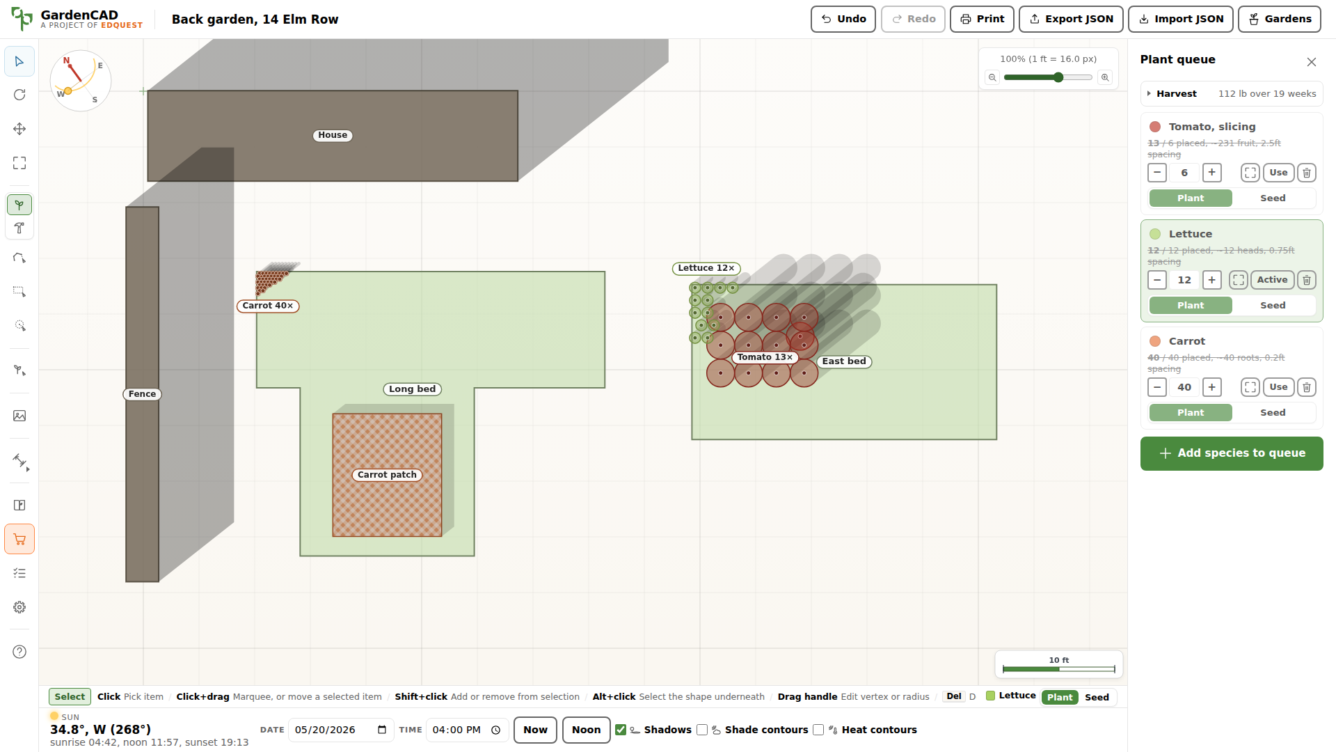 The GardenCAD editor after a guided-plant session: the beds filled with the queued species, and the plant queue panel beside them showing each row placed against its planned quantity.